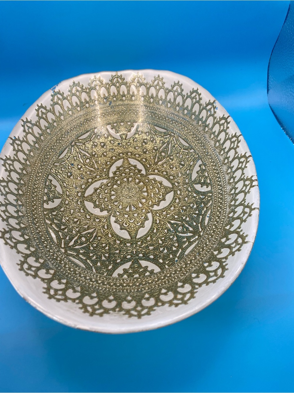 Artistic Accents Turkish Glass Oval Serving Bowl Gold Lace White Handmade 13